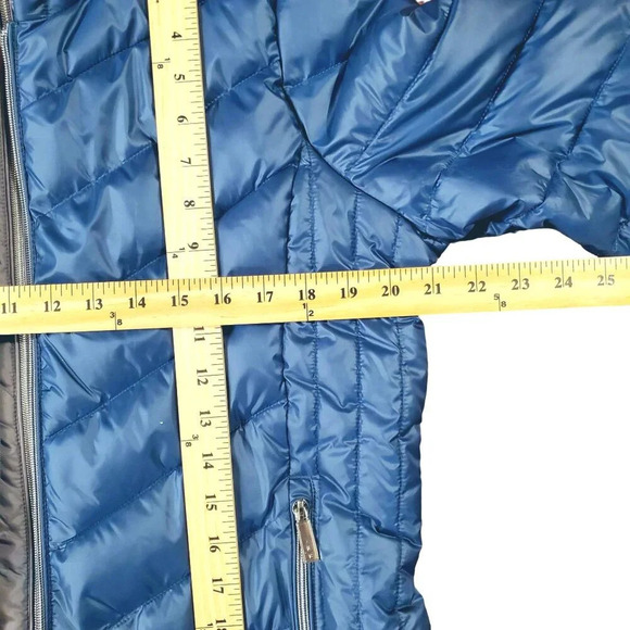 NWT Kenneth Cole Blue Gray Bib Front Zip Hooded Puffer Jacket Petrol L - Picture 15 of 16